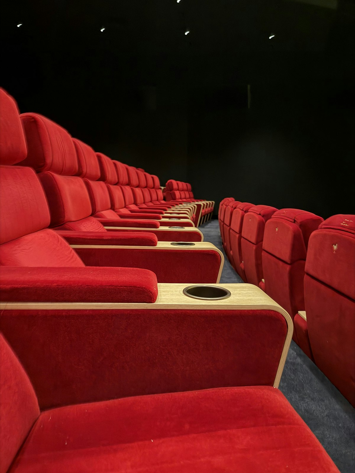 Empty cinema screening room with rows of red seats