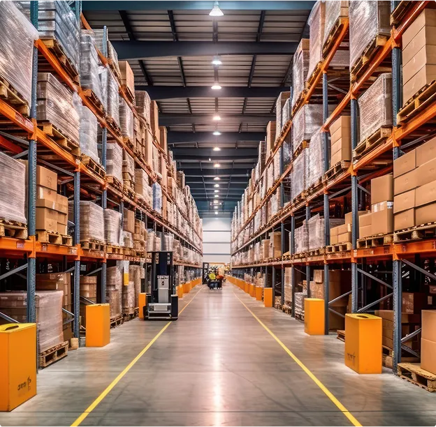 A warehouse with a forklift and pallets of boxes.