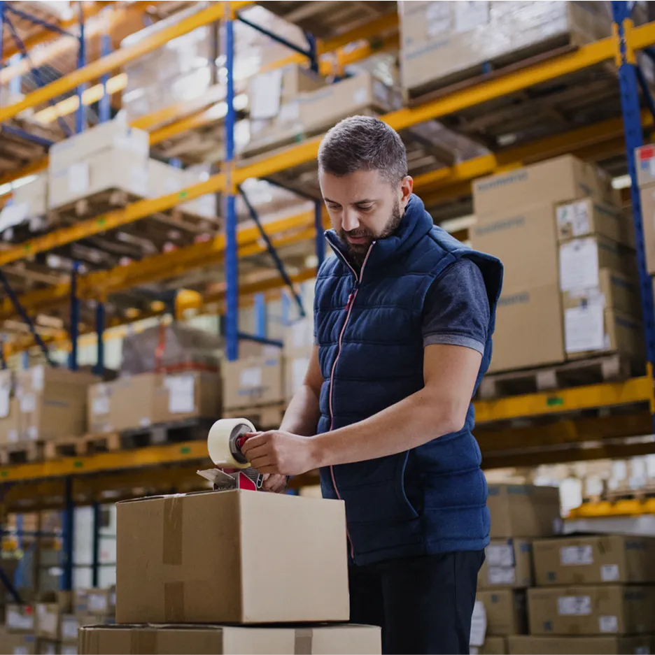 A man in a blue vest is standing in front of a box of items.