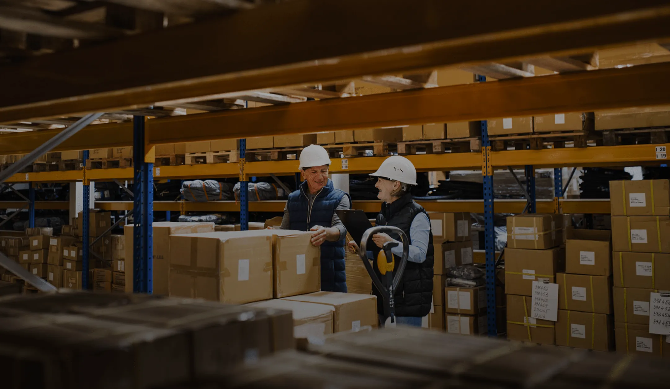 Two people standing in front of a shelf of boxes.