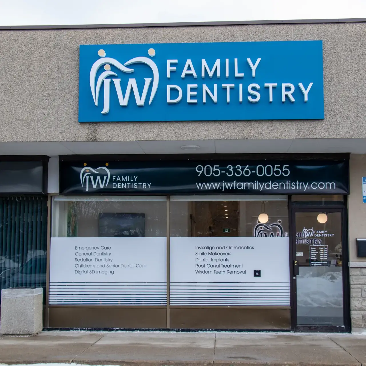 Exterior signage of JW Family Dentistry in Burlington, ON