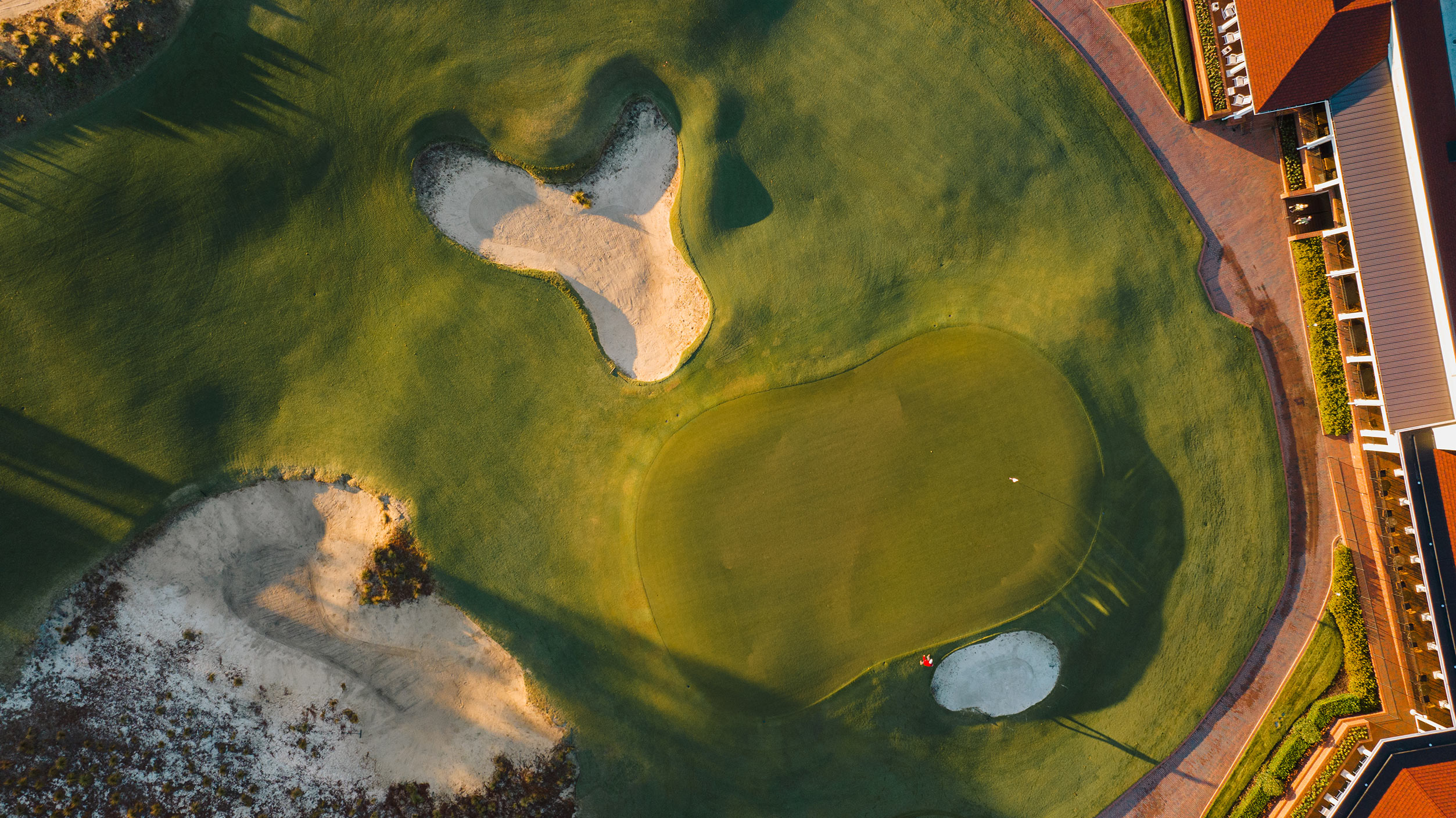 Overhead aerial view of the 18th green at Pinehurst No. 2.