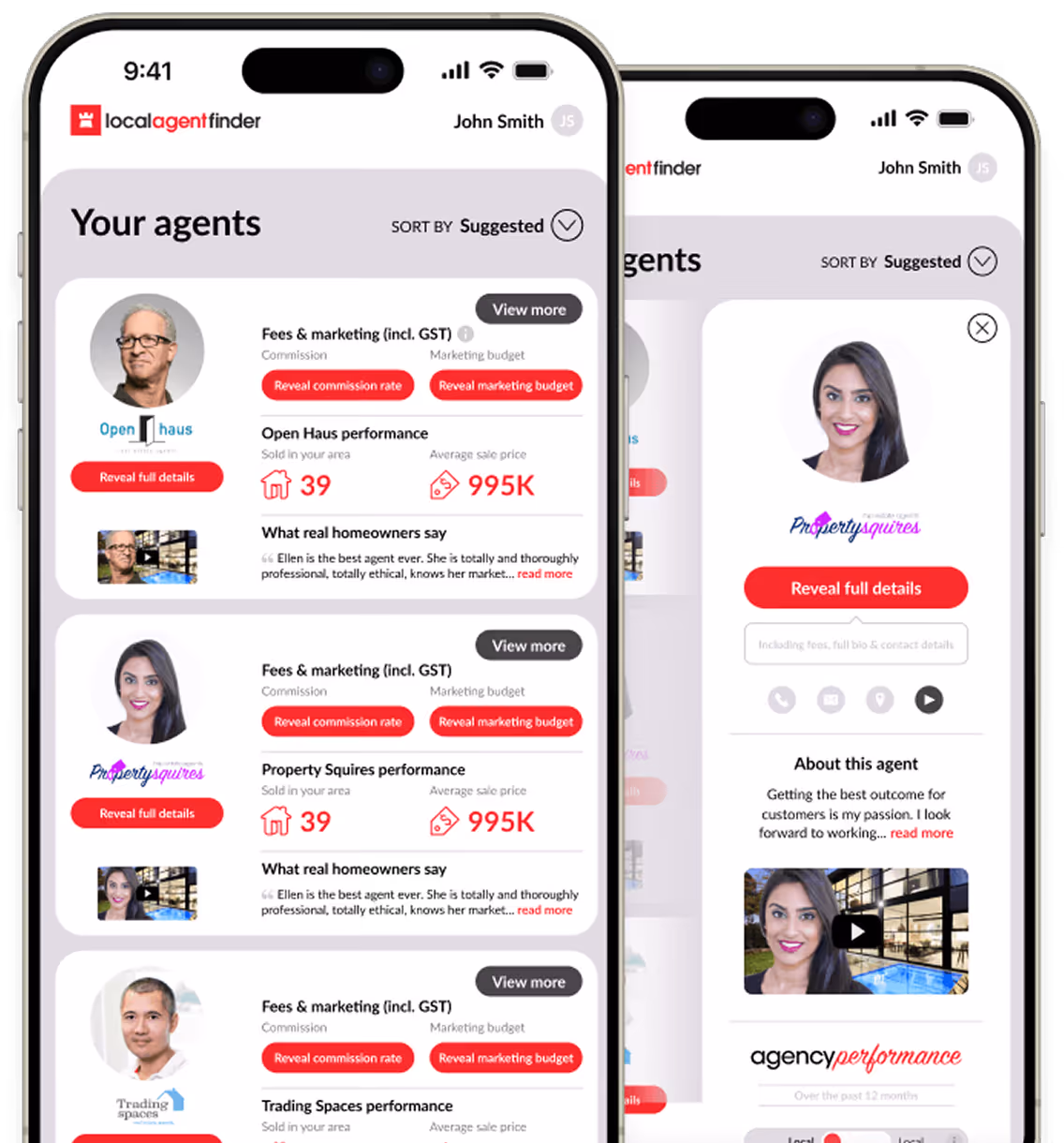 Mobile app screen displaying real estate agents with profiles, performance stats, and reviews under 'Your agents' section.