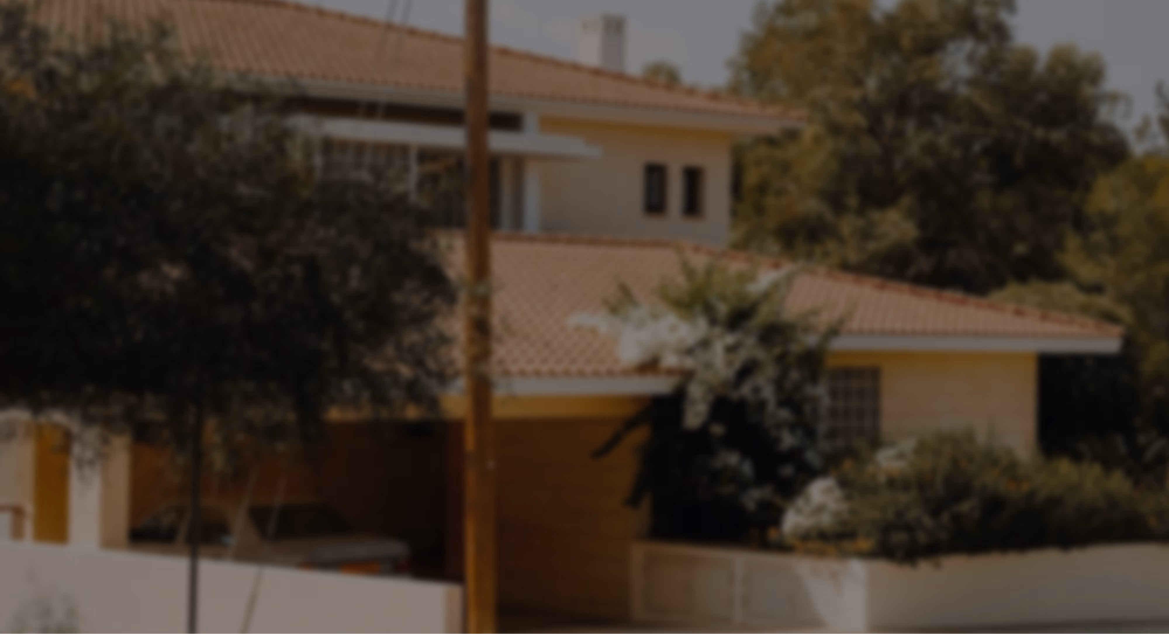 Blurry image of a house with a tiled roof, surrounded by trees and bushes.