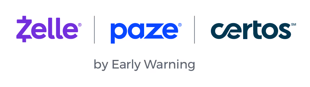 Three logos of Zelle, Paze and Certos with by Early Warning below the logos..