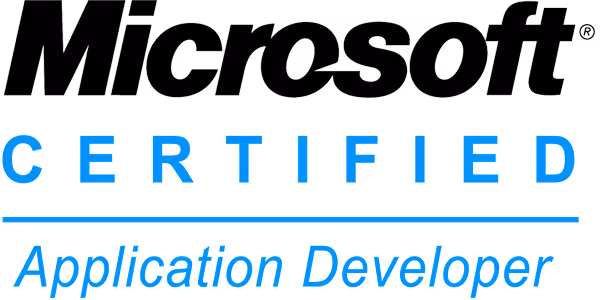 Microsoft Certified Application Developer badge with Microsoft logo and blue text.