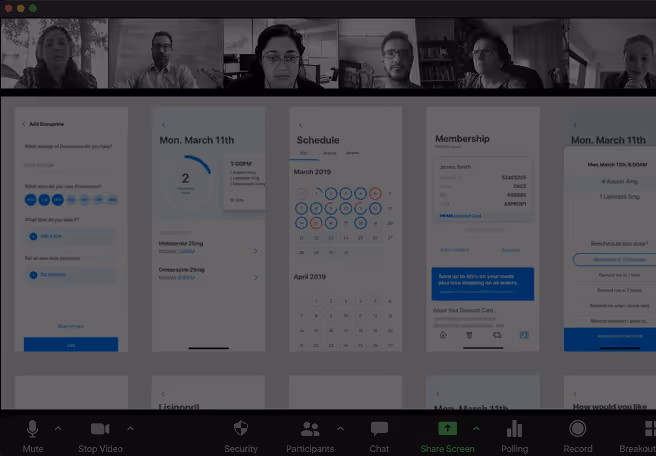 Video conference screen showing six participants at the top and a shared screen displaying a medication management app with dosage schedules, calendar, and membership details.