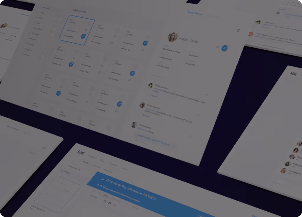 User interface screens showing contact listings, user profile details, and document workflow in a business application.