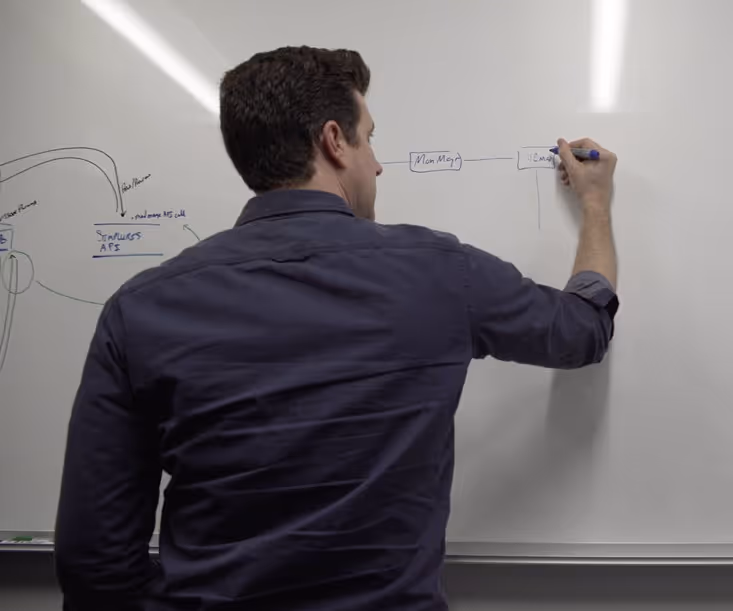 Man in dark shirt writing on a whiteboard, drawing a flowchart with boxes labeled 'Main Map' and 'Living'.