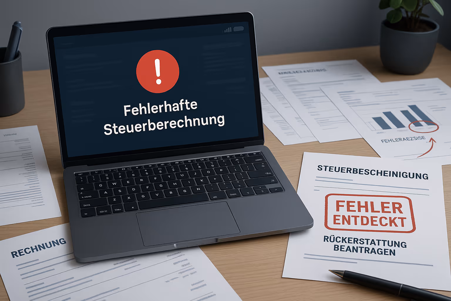 Ein schlichter Arbeitsplatz mit einem Laptop auf dem Tisch, der eine steuerliche Fehlermeldung von Trade Republic anzeigt. Auf dem Bildschirm sind Falschangaben zur Steuerberechnung sichtbar, und daneben liegt eine Kapitalertragssteuer-Bescheinigung von Trade Republic. Der Fokus des Bildes liegt auf der Fehlerkorrektur und der Notwendigkeit, Steuerrückforderungen durch rechtliche Schritte zu klären.