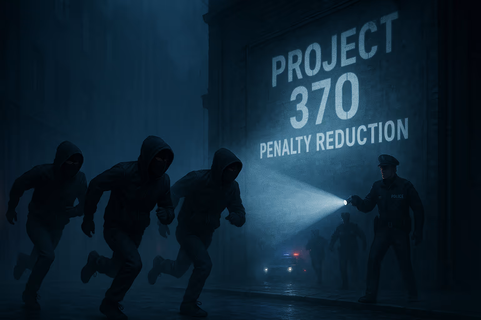 Ein starkes Symbol für die Verteidigung gegen Steuerhinterziehung – das „PROJECT 370“-Lichtprojektor hebt die Bedeutung der Strafmilderung hervor, während die Figuren vor den Fahndern fliehen.“A powerful symbol for tax fraud defense – the 'PROJECT 370' spotlight highlights the importance of penalty reduction as the figures flee from the pursuers.