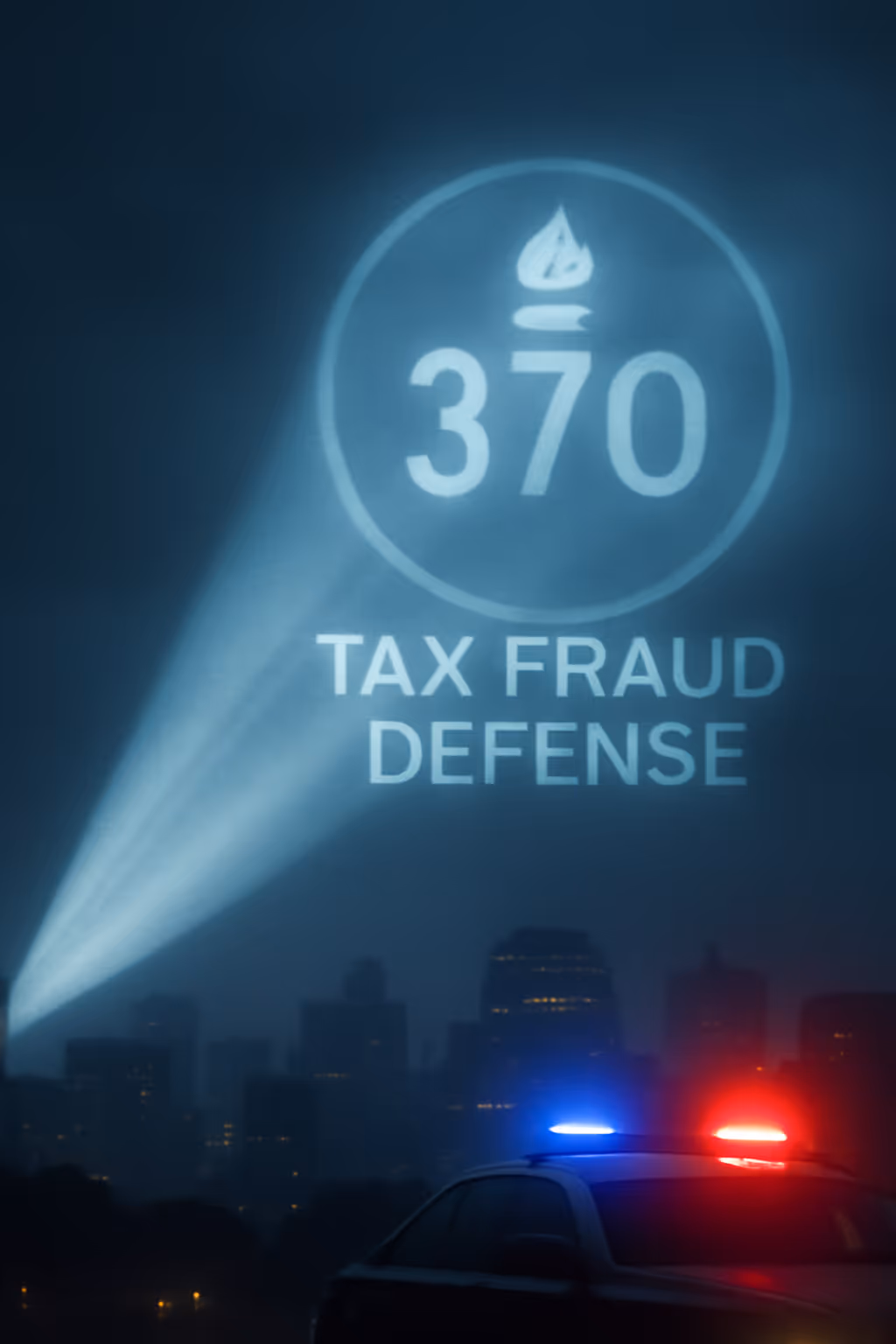 ber einer düsteren Stadt, mit dem Scheinwerferstrahl, der das '370'-Logo und die Worte 'Tax Fraud Defense' in einem urbanen Umfeld hervorhebt. Rote und blaue Polizeilichter verstärken die düstere Atmosphäre und symbolisieren die ernsten rechtlichen Themen der Steuerhinterziehung.