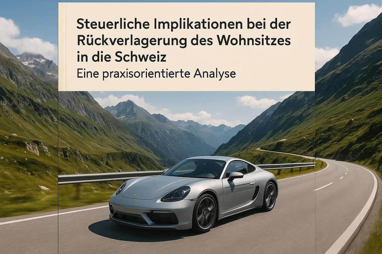 Illustration mit dem Titel 'Steuerliche Implikationen bei der Rückverlagerung des Wohnsitzes in die Schweiz' im Hintergrund ein Sportwagen, der über einen Pass fährt
