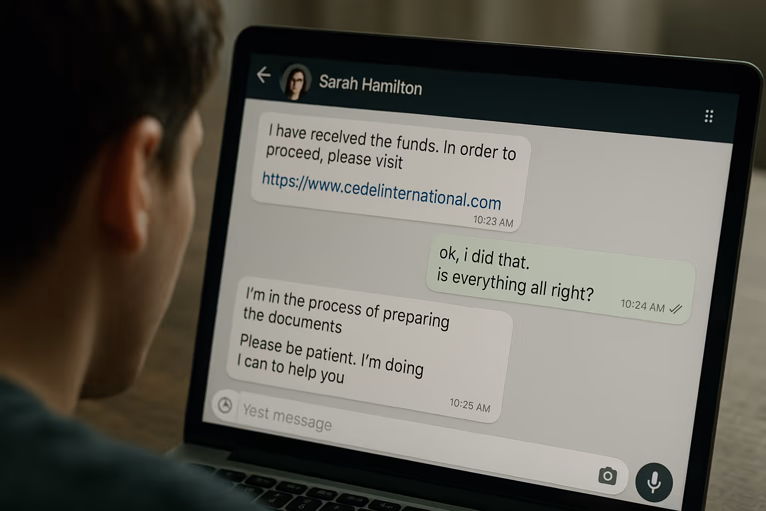 Darstellung eines Online-Betrugs mit falschen Profilen: Nähe, Vertrauen und anschließende Zahlungsaufforderungen.