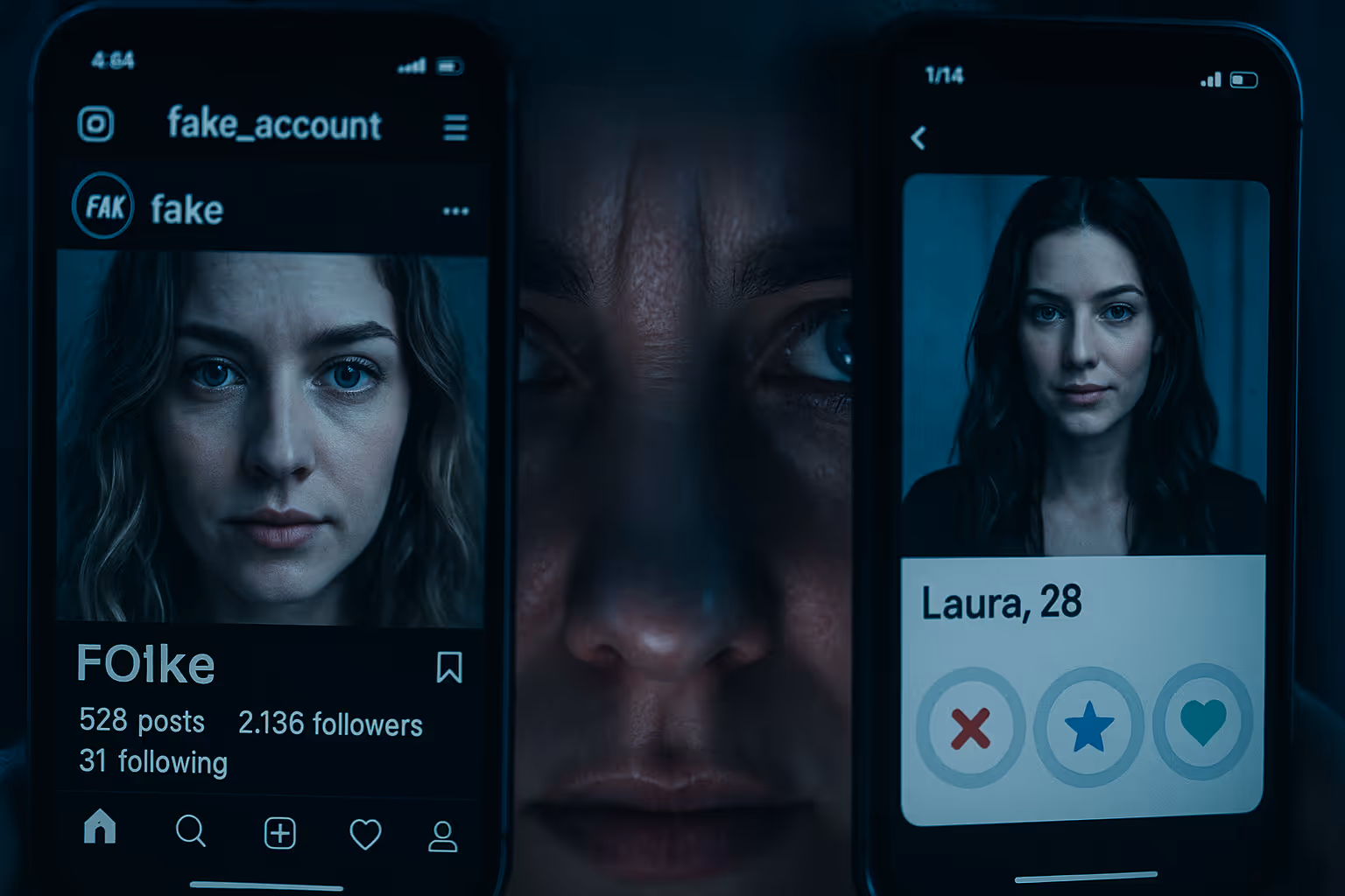 Frau dokumentiert Fake-Profil auf Smartphone-Display – Beweissicherung gegen Identitätsdiebstahl.