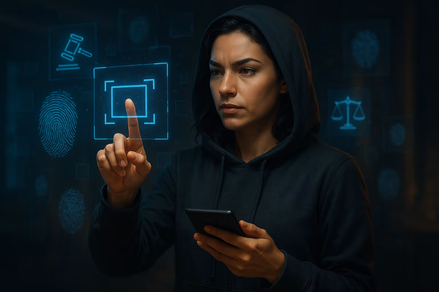 Justitia-Symbol über Gesicht auf Bildschirm – Recht am eigenen Bild und § 201a StGB im digitalen Kontext.