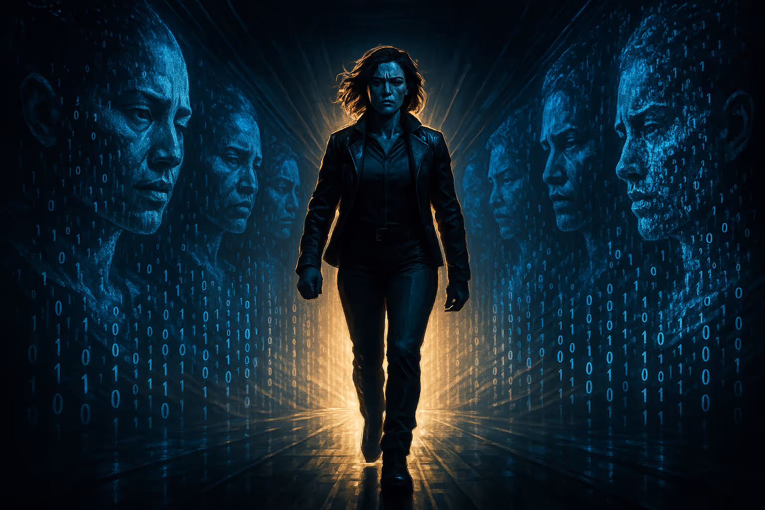 Frau geht durch Tunnel aus holografischen Gesichtern – Symbol für Wiedergewinnung der Identität und DSGVO-Schadensersatz.