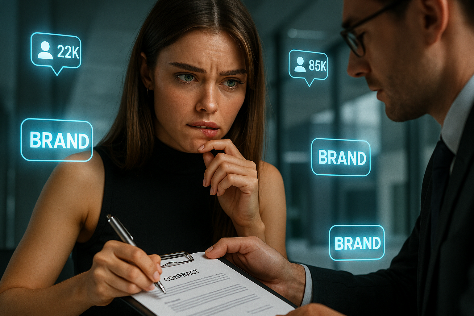 Anwalt und Influencerin im modernen Büro mit Neon „Influence Agency“ – Symbol für Agenturrecht und digitale Verantwortung