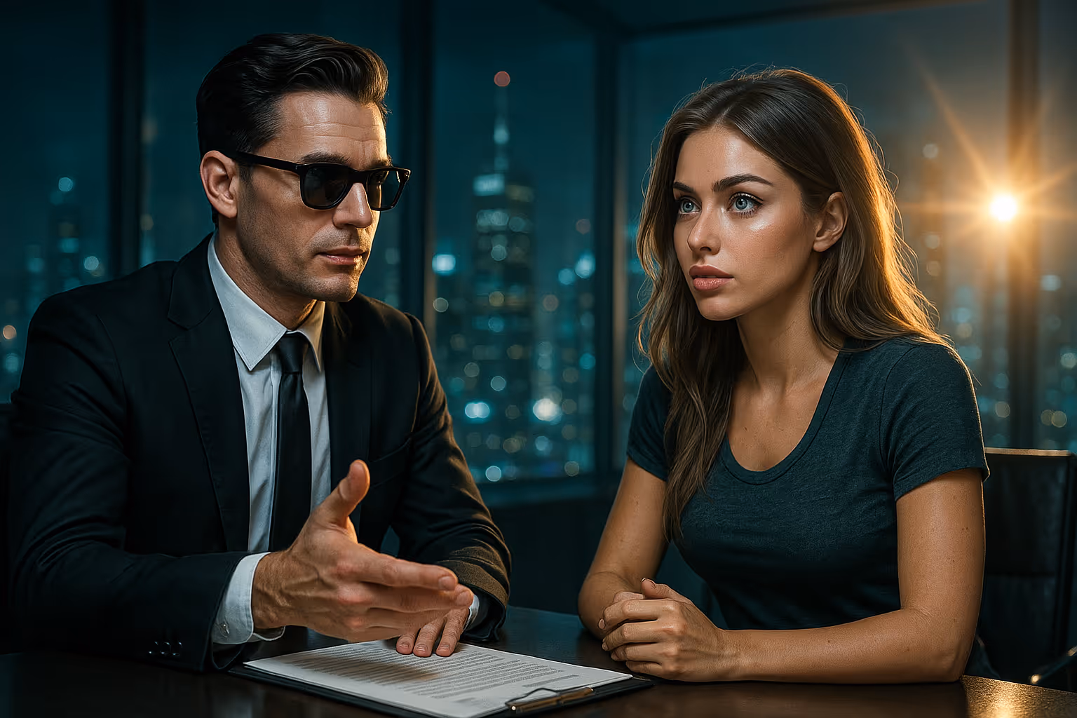 Anwalt und Influencerin im modernen Büro mit Neon „Influence Agency“ – Symbol für Agenturrecht und digitale Verantwortung