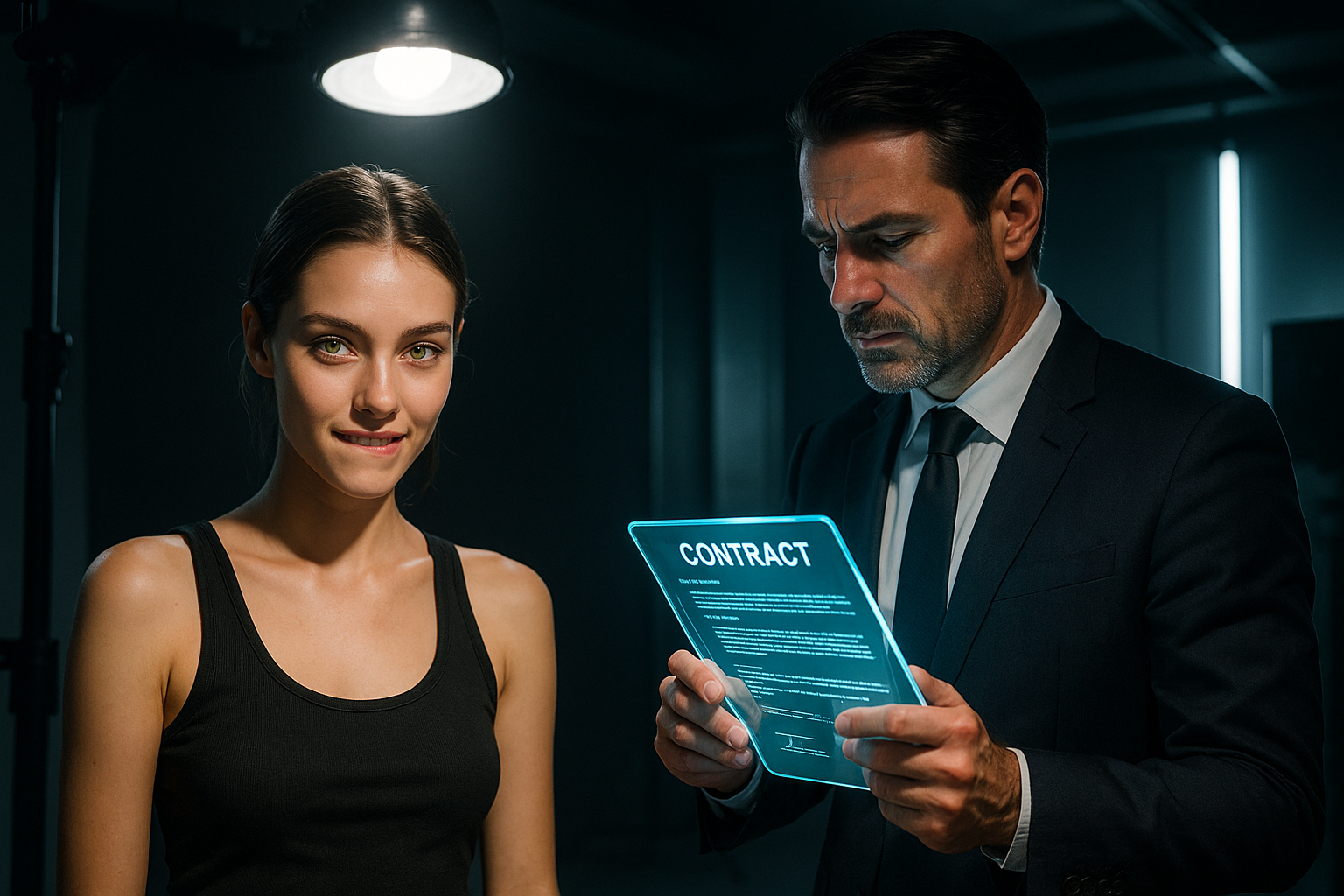 Jurist und Model im modernen Studio – Symbol für rechtssichere Modelagentur, Vertragsprüfung, Datenschutz und Compliance