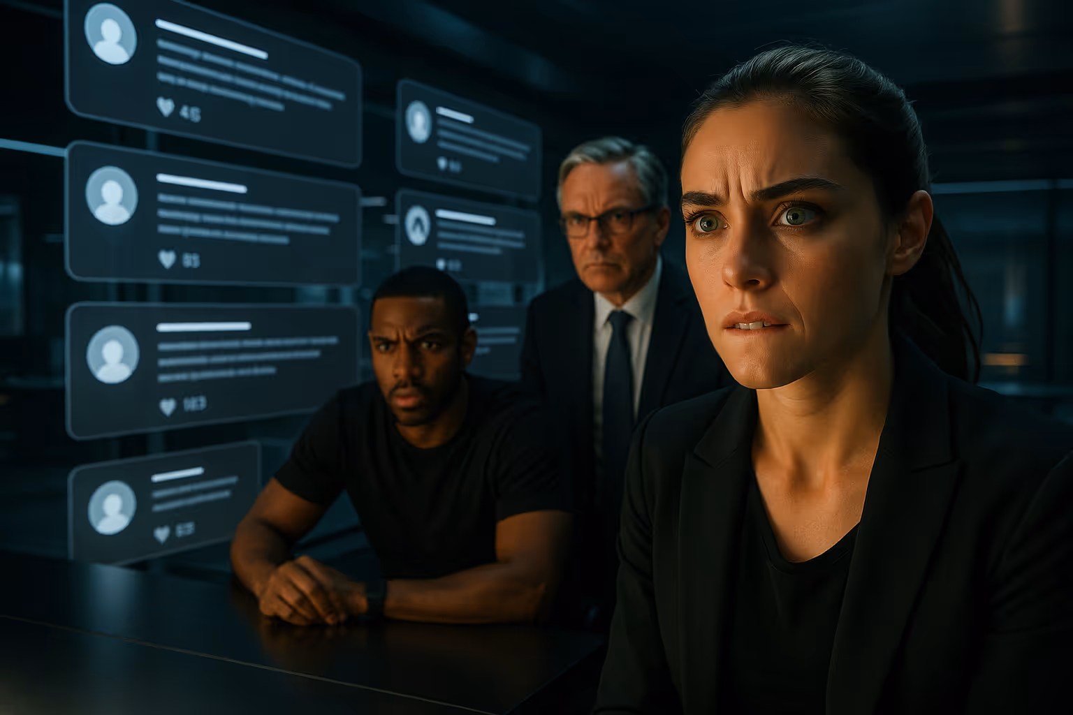 Jurist und Strategin im modernen Kontrollraum – Symbol für Verantwortung, Meinungsfreiheit und Agenturrecht