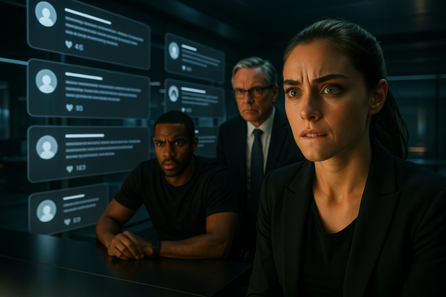 Jurist und Strategin im modernen Kontrollraum – Symbol für Verantwortung, Meinungsfreiheit und Agenturrecht