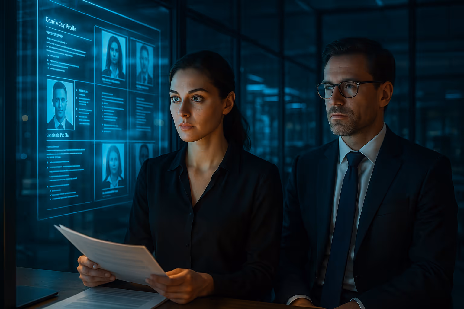 Recruiting-Agentur mit Anwalt und Recruiterin im modernen Büro – Symbol für DSGVO, Compliance und Arbeitnehmerüberlassung