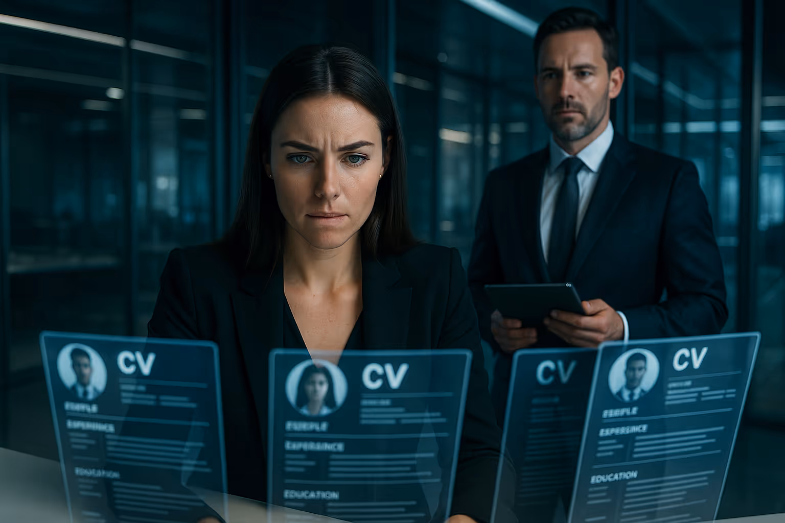 Recruiting-Agentur mit Anwalt und Recruiterin im modernen Büro – Symbol für DSGVO, Compliance und Arbeitnehmerüberlassung