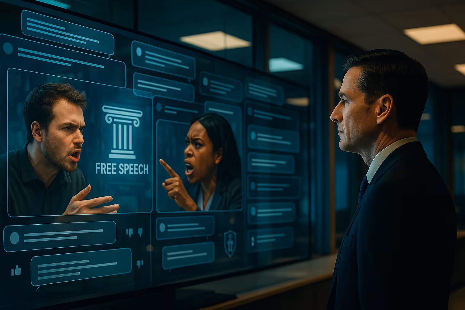 Jurist analysiert Hasskommentare auf Bildschirm – Symbol für Plattformrecht, Löschung, Unterlassung, NetzDG