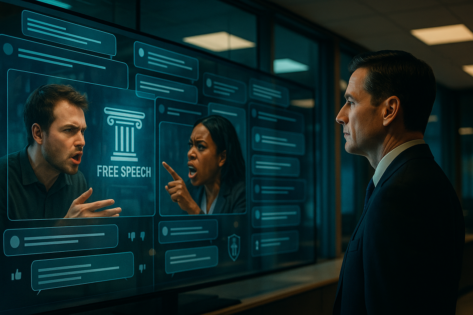 Jurist analysiert Hasskommentare auf Bildschirm – Symbol für Plattformrecht, Löschung, Unterlassung, NetzDG