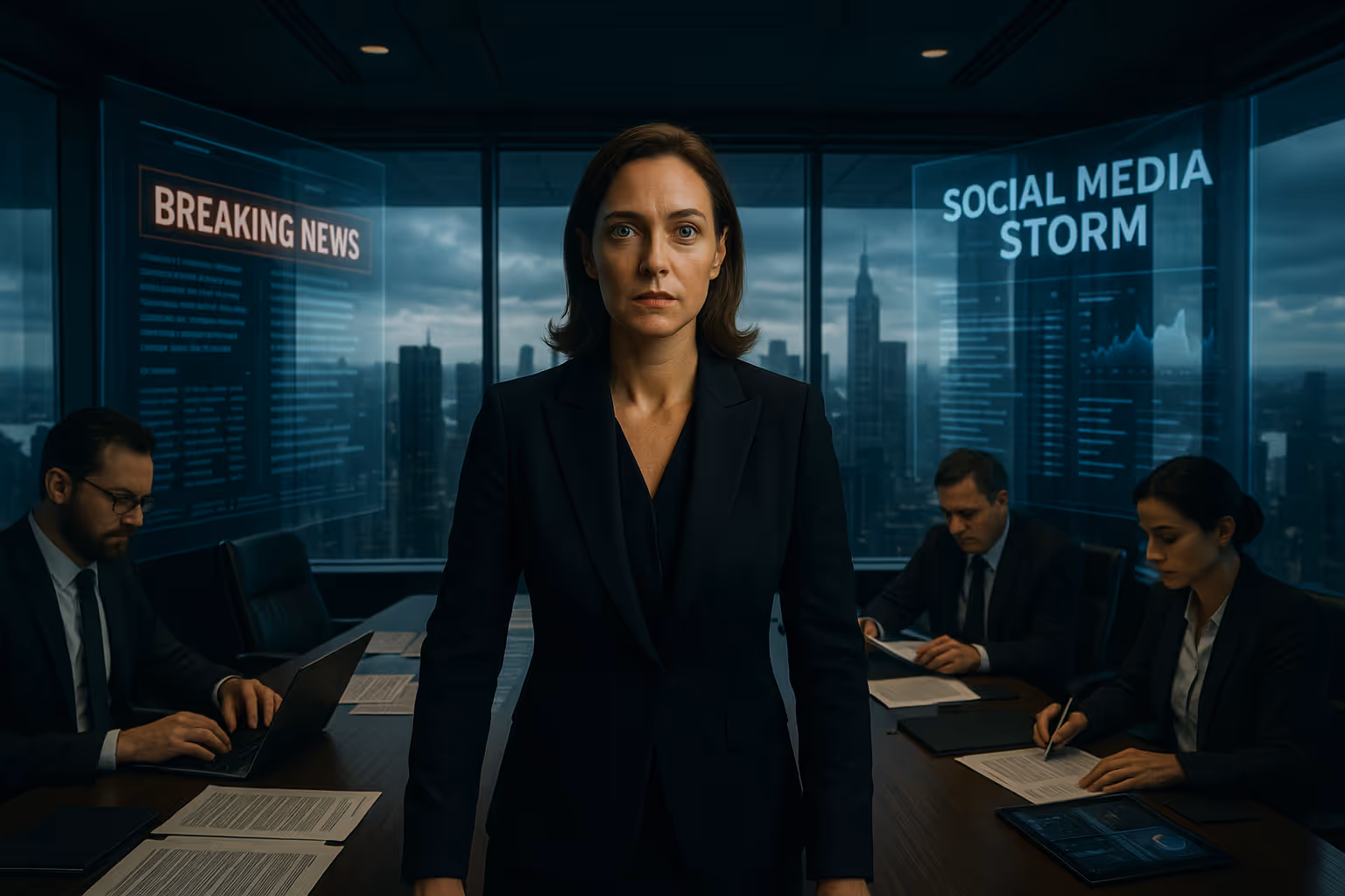 CEO mit Anwaltsteam, Datenleck, Social Media, Unternehmensrecht, Forensik, Unterlassung, Pressefreiheit, Krisenabwehr