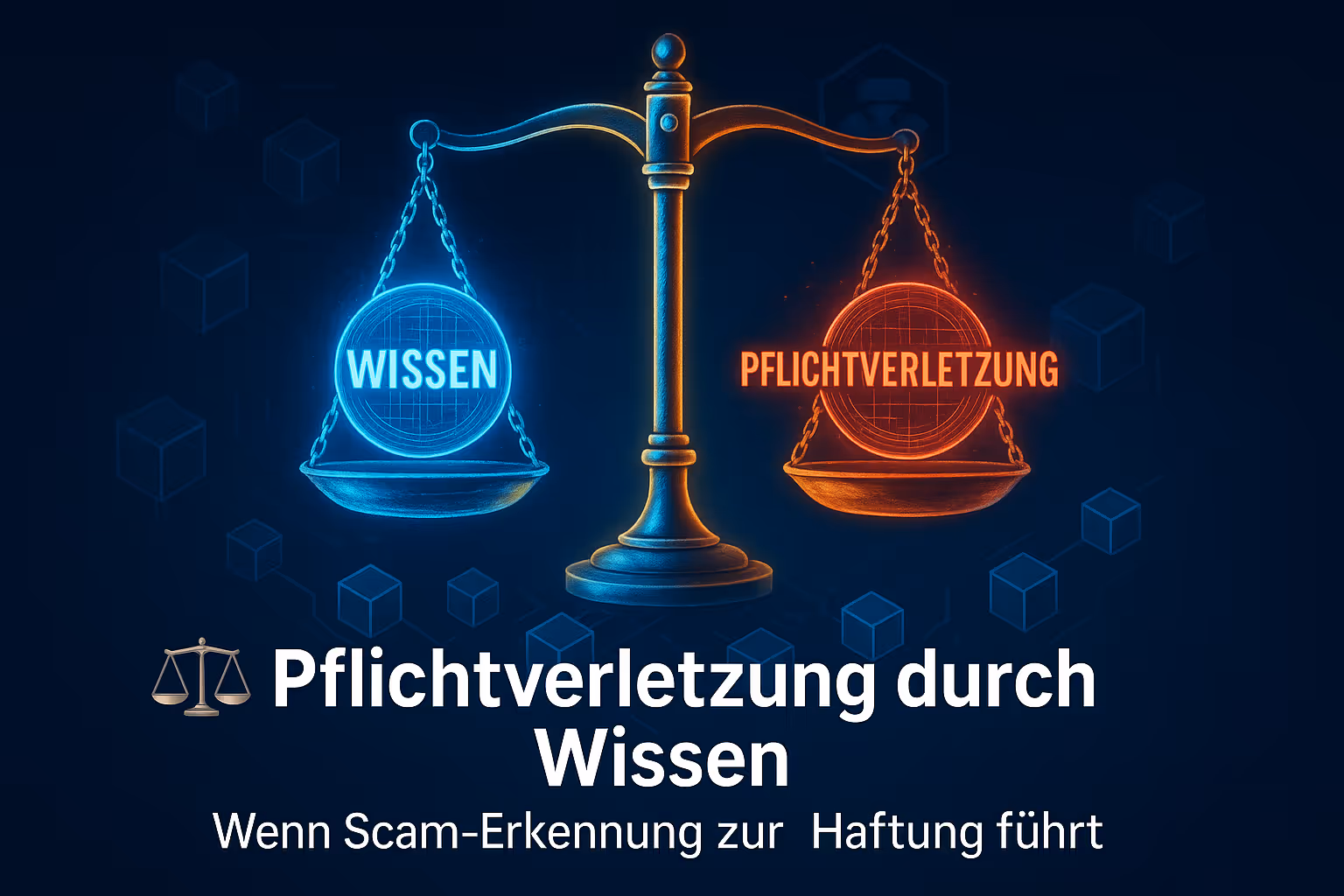 Digitale Waage mit Symbolen „Wissen“ und „Pflichtverletzung“ – Verantwortung durch Untätigkeit.