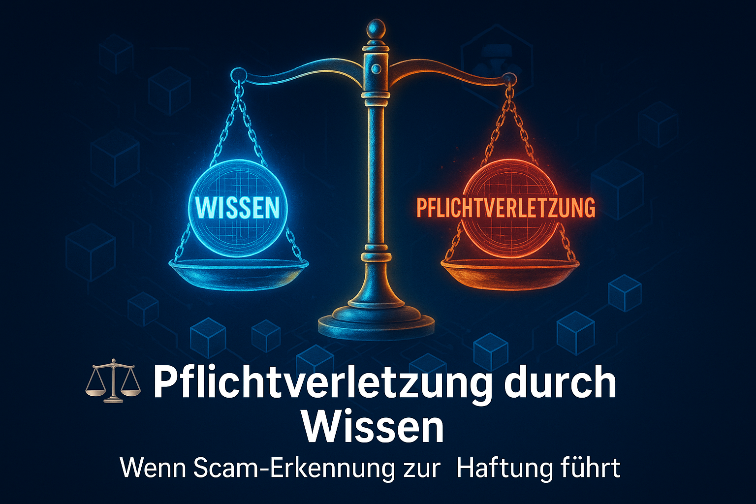 Digitale Waage mit Symbolen „Wissen“ und „Pflichtverletzung“ – Verantwortung durch Untätigkeit.