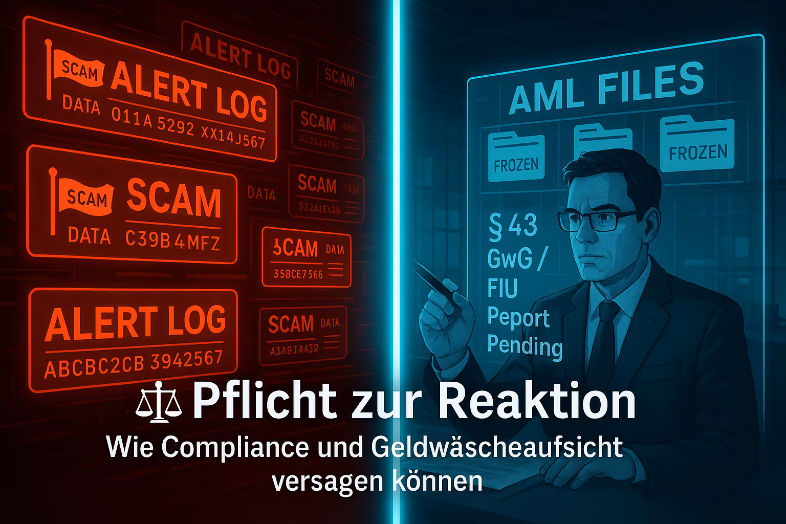 Jurist prüft AML-Daten und Scam-Logs – Visualisierung der Pflichtverletzung nach § 43 GwG.