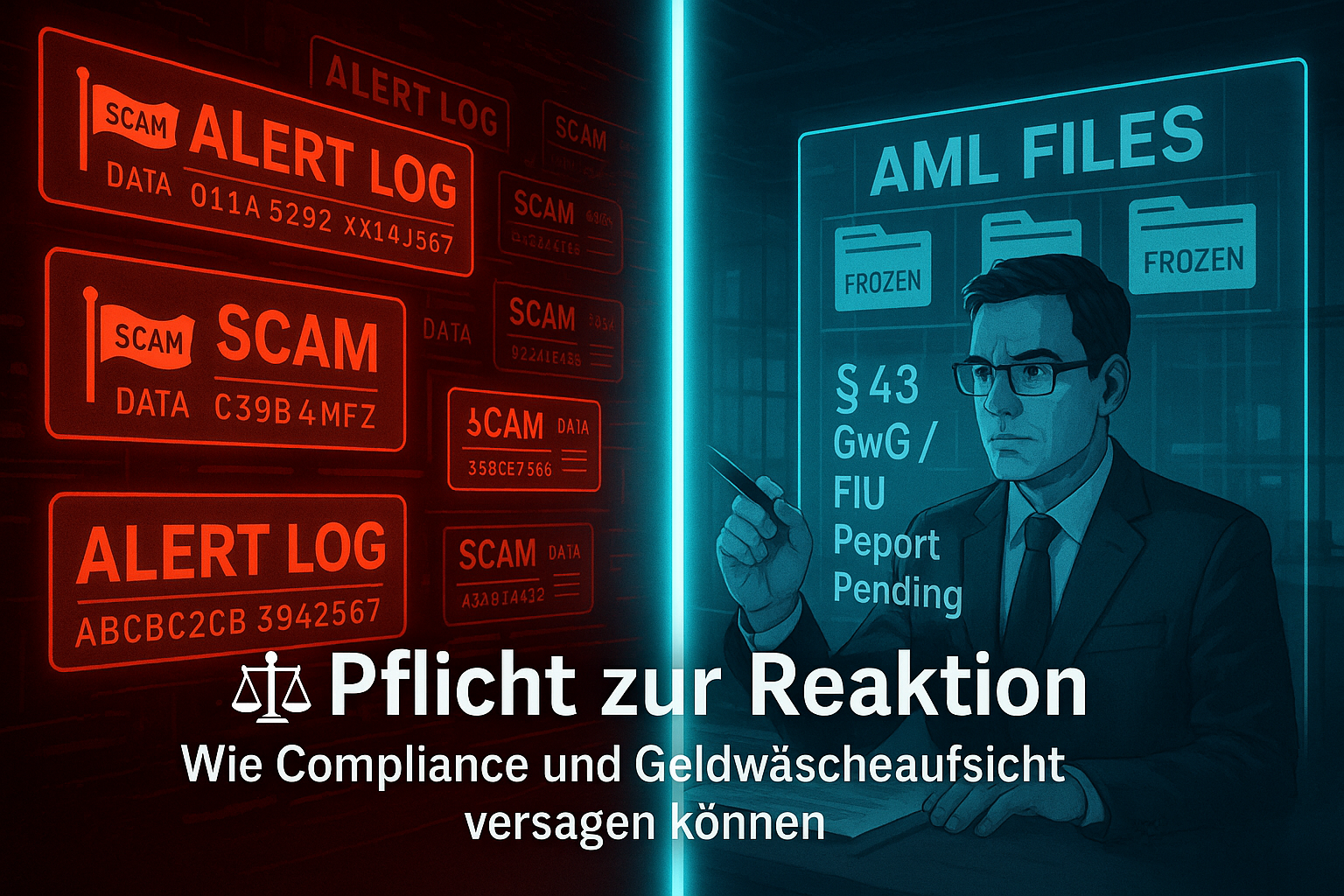 Jurist prüft AML-Daten und Scam-Logs – Visualisierung der Pflichtverletzung nach § 43 GwG.