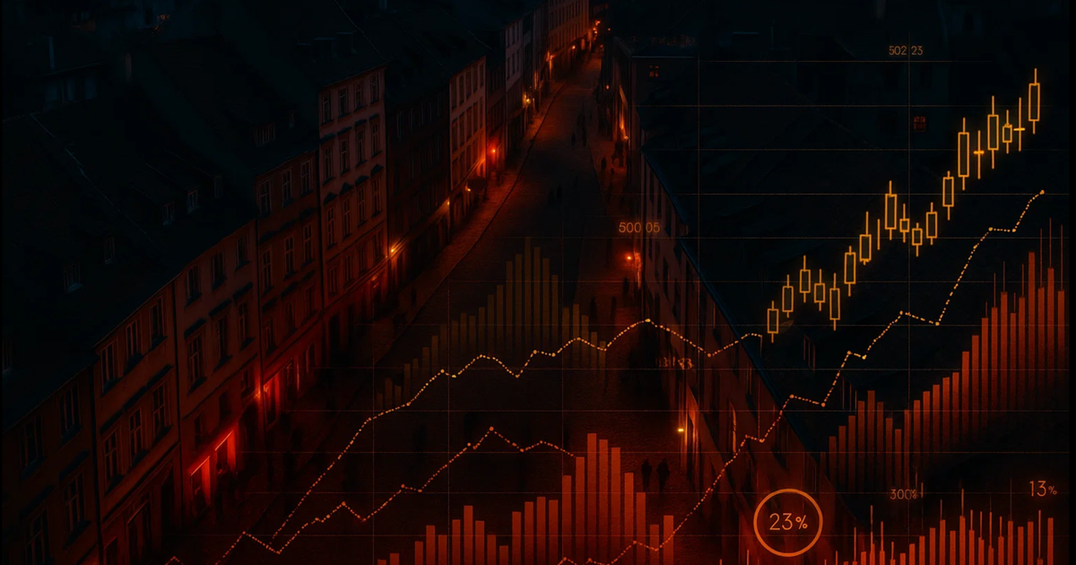 Luftaufnahme eines Rotlichtviertels mit überlagerten Diagrammen und steigenden Wirtschaftsdaten zur Schattenwirtschaft