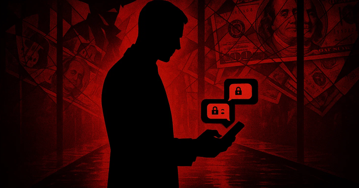 SchattenrissEine stilisierte Darstellung der Anonymität im digitalen Rotlicht: Ein Mann kommuniziert über verschlüsselte Nachrichten – im Hintergrund Geldmotive und Schattenfiguren. Das Bild symbolisiert Love Scamming, Geldwäsche und den Kontrollverlust in digitalen Märkten. eines Mannes mit Smartphone in roter Umgebung, verschlüsselte Chatblasen und Geldscheine im Hintergrund