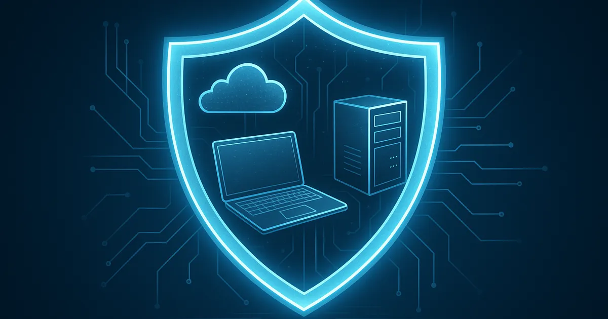 Holografisches IT-Compliance-Schild mit Cloud, Server und Laptop als Schutzsymbol für Software-Lizenzen.