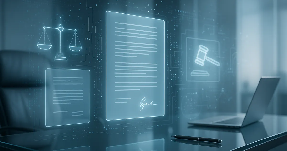 Digitaler Rechtsarbeitsplatz mit holografischen Dokumenten, Verträgen und Symbolen der Justiz. Perfekt zur Darstellung von Lizenzverträgen, rechtlichen Rahmenbedingungen und Compliance-Strukturen.