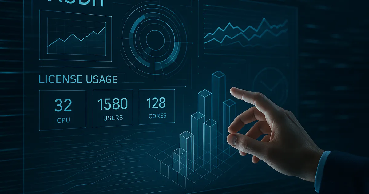 Futuristischer Serverraum mit holografischen Lizenzdokumenten als Symbol für digitale Lizenzverwaltung.