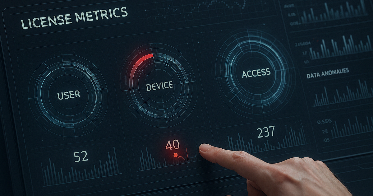 Futuristisches Dashboard mit komplexen Lizenzmetriken und markierten Datenfehlern bei der Audit-Auswertung.