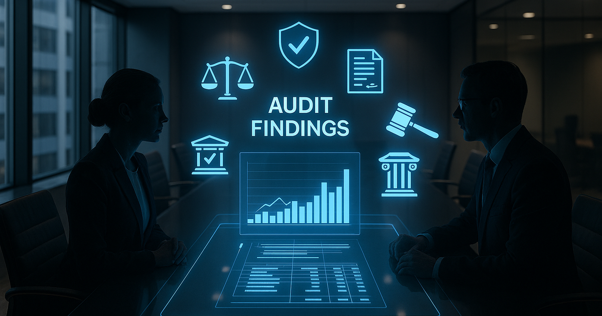 Holografischer Verhandlungstisch mit Audit-Daten und zwei silhouettierten Personen in strategischer Besprechung.