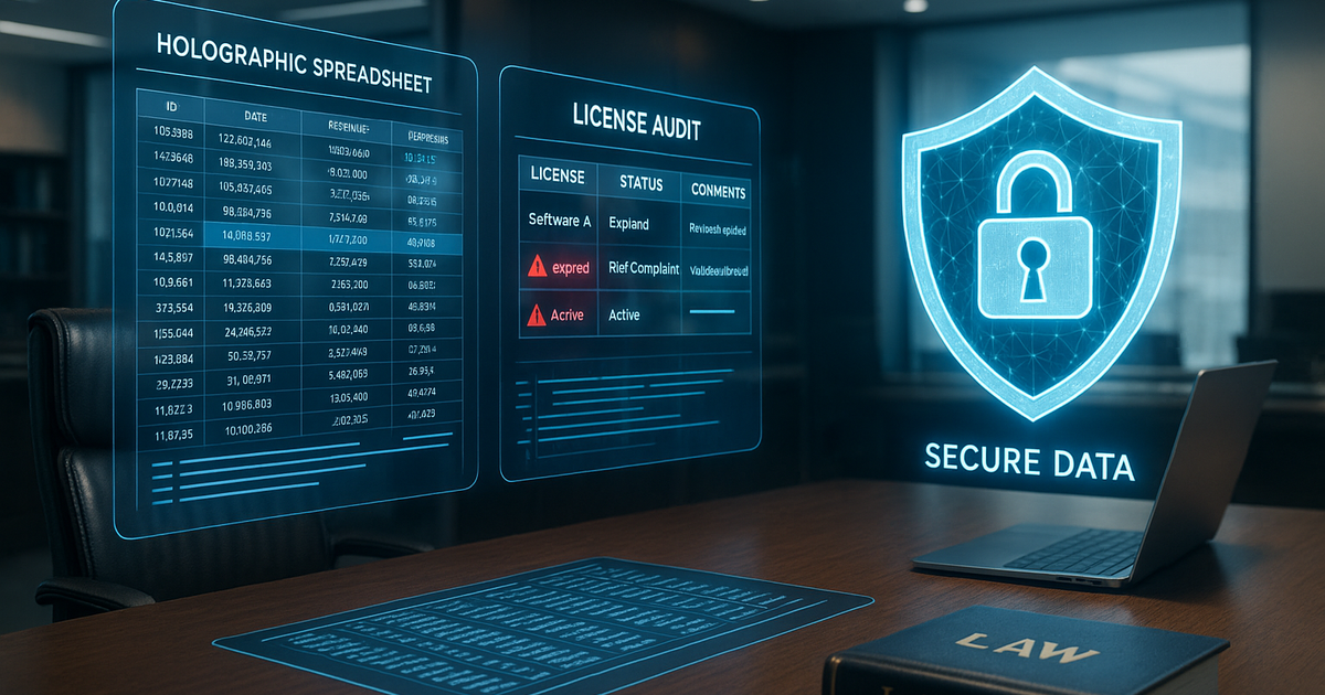Digitaler Legal-Tech-Arbeitsplatz mit holografischen Spreadsheet-Analysen und hervorgehobenen Auditfehlern.