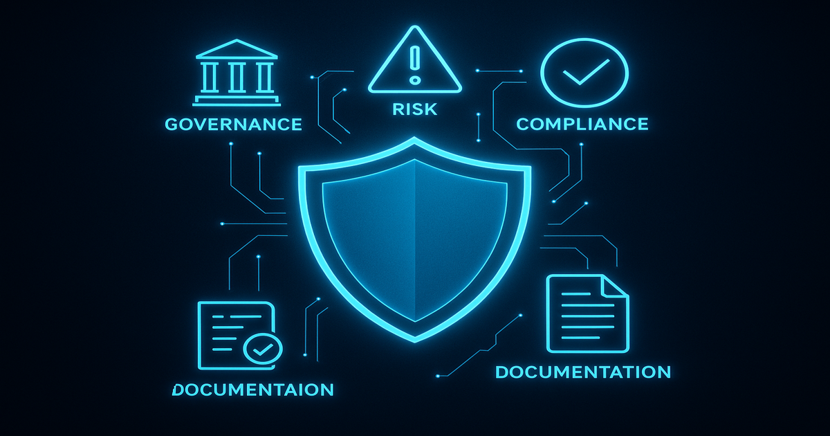 Glühendes Compliance-Schild mit holografischen Governance-Icons für Open-Source-Risiken.