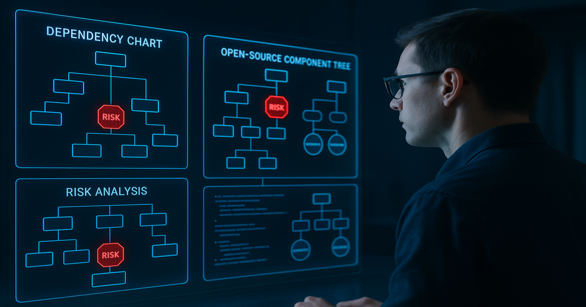 Holografisches Diagramm mit Open-Source-Komponenten und markierten Risikopunkten.