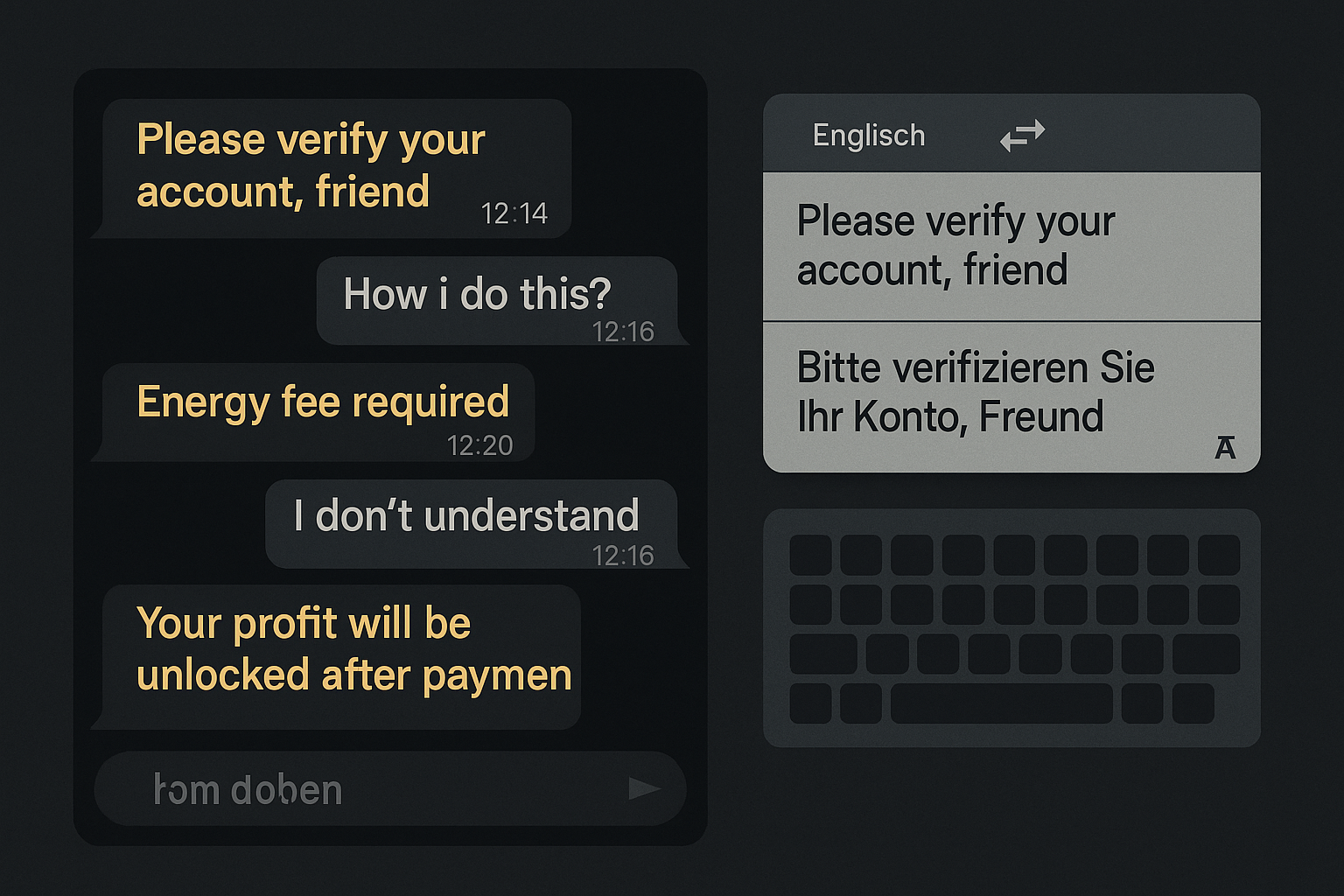 Alt: Vergleich echter und gefälschter Krypto-Webseiten mit markierten UI-Fehlern, unscharfen Icons und Fake-Pop-ups.