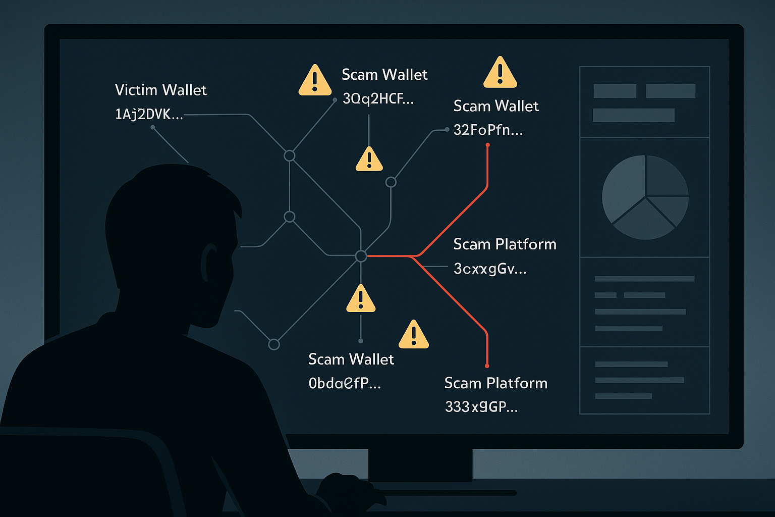 Visualisierung einer betrügerischen Krypto-Transaktion mit markiertem Scam-Pfad.