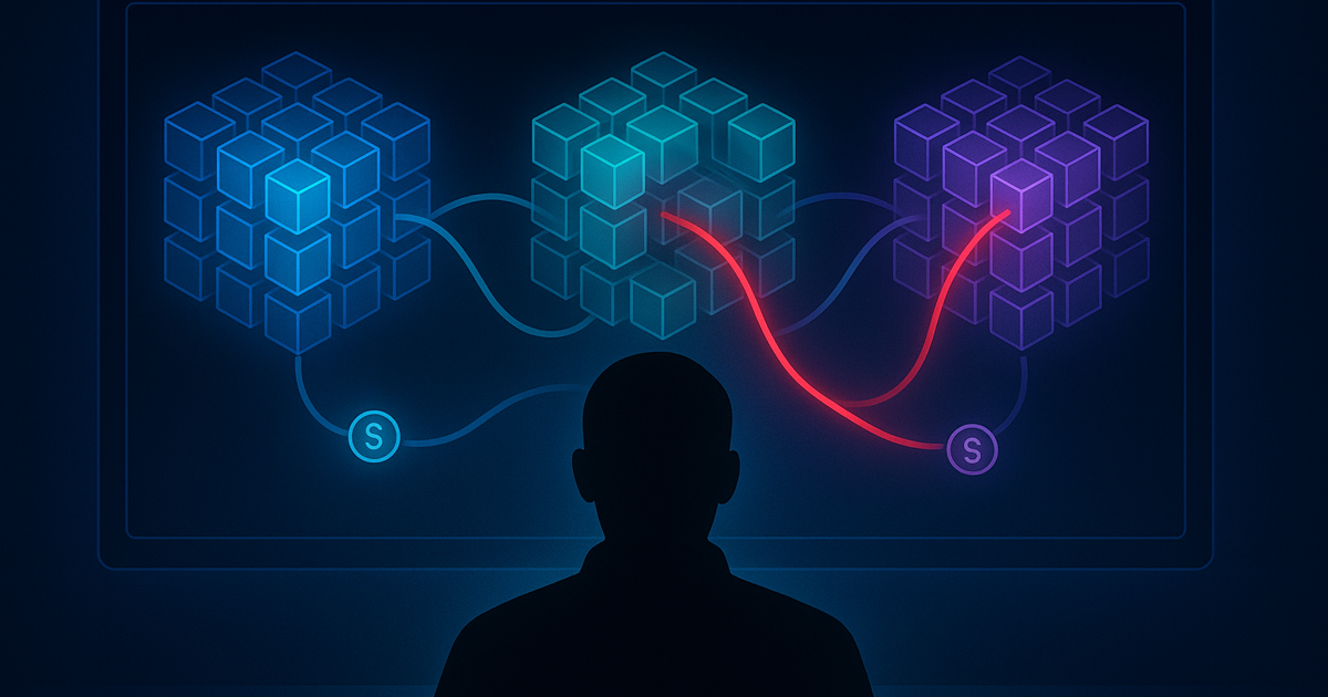 „Forensische Darstellung von drei vernetzten Blockchain-Clustern, verbunden durch farbige Transaktionspfade – Symbolbild für Krypto-Tracking, Ermittlungen und die Aufdeckung betrügerischer Transfers.”