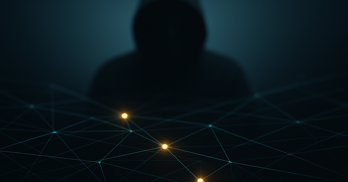 „Verschattete Person im Hintergrund eines digitalen Netzwerks – Symbolbild für anonyme Krypto-Betrüger und versteckte Transaktionswege.“