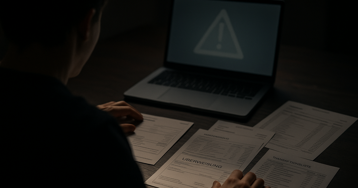 „Person sitzt vor Laptop mit Warnsymbol und prüft Überweisungs- und Kontoauszüge – typische Situation bei verzögert erkannten Krypto-Betrugsfällen.“